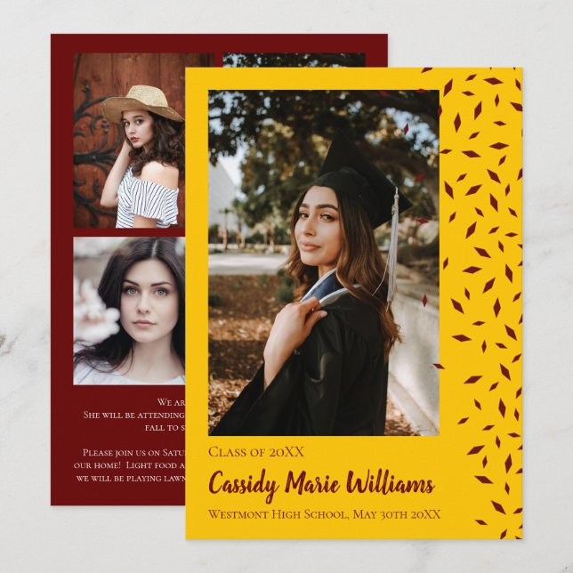 Invitation Maroon Gold Confeti Graduation (Devant / Derrière)