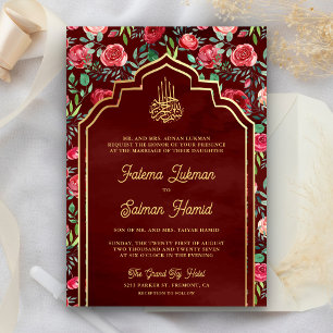 Invitation Maroon Gold Red Roses Floral musulman Mariage