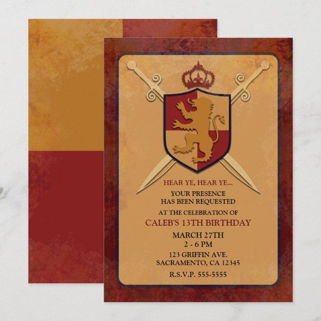 Invitation Maroon & Gold Royal Knight Griffin Shield Party (Devant / Derrière)