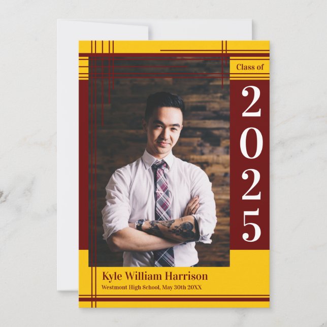 Invitation Maroon Gold School Couleur Graduation Photo Plaid (Devant)