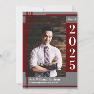 Invitation Maroon Grey École Couleur Graduation Photo Plaid