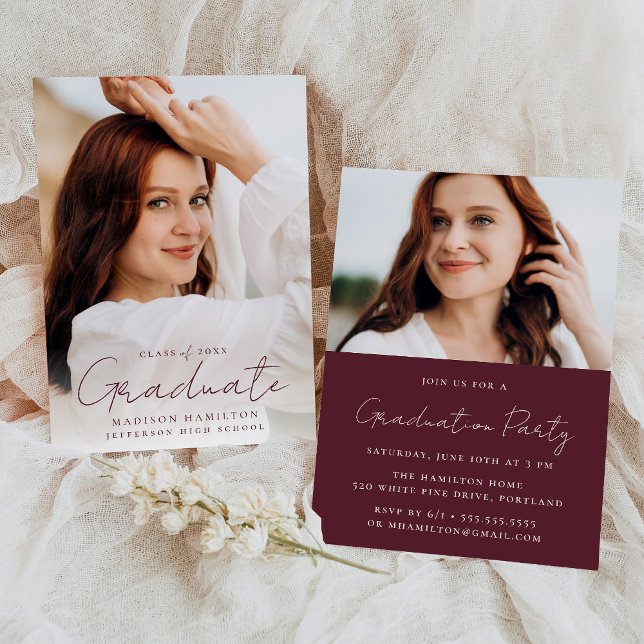Invitation Maroon manuscrit moderne Script photo Graduation (Créateur téléchargé)