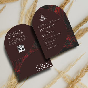 Invitation Maroon minimal Elegal Musulman QR Code Arch Mariag