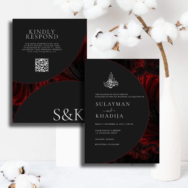 Invitation Maroon Minimal Élégant B&W QR Code Mariage islamiq (Créateur téléchargé)