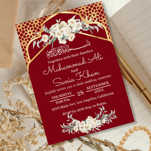 Invitation Maroon Minimal Floral Or islamique Mariage musulma