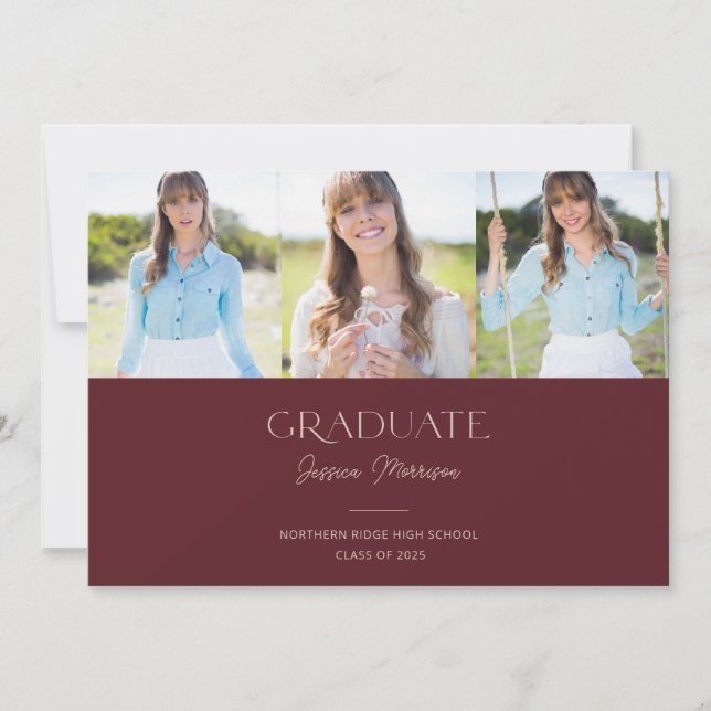 Invitation Maroon moderne 3-Photo Graduation Party (Devant)