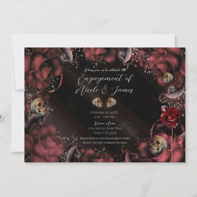 Invitation Maroon Red Rust Roses & Skuls (Devant)