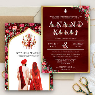 Invitation Maroon Red Typographie Anand Karaj Sikh Mariage