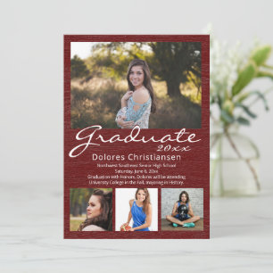 Invitation Maroon Red Woodgrain Moderne 4 Photo Graduation