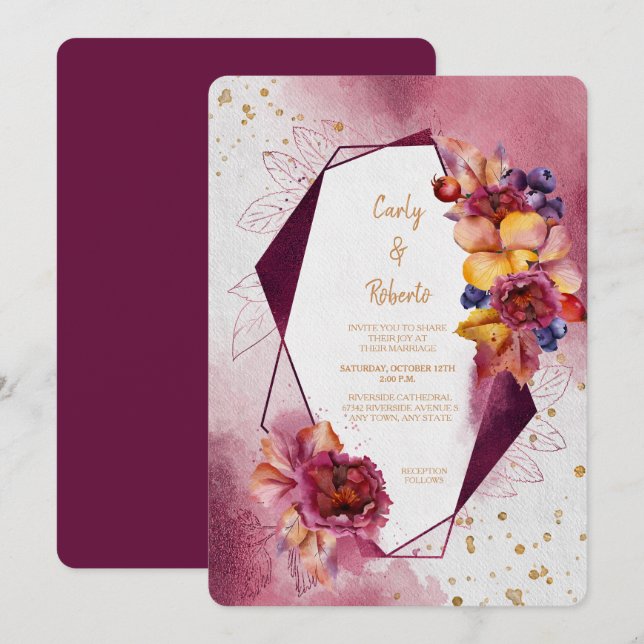 Invitation Maroon rose Floral moderne Mariage de cadre géomét (Devant / Derrière)