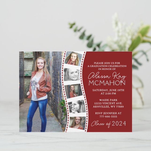 Invitation Maroon Rouge et Blanc Filmstrip 6 Diplôme photo (Debout devant)