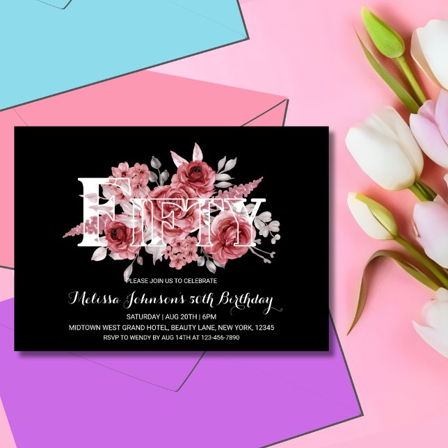 Invitation Maroon Rouge Vert Floral 50e Anniversaire Noir (Créateur téléchargé)