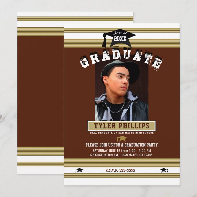 Invitation Maroon White & Gold Graduation Photo Party (Devant / Derrière)