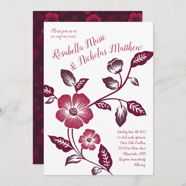 Invitation Maroon Wine Dark Letterpress Floral Mariage (Devant / Derrière)