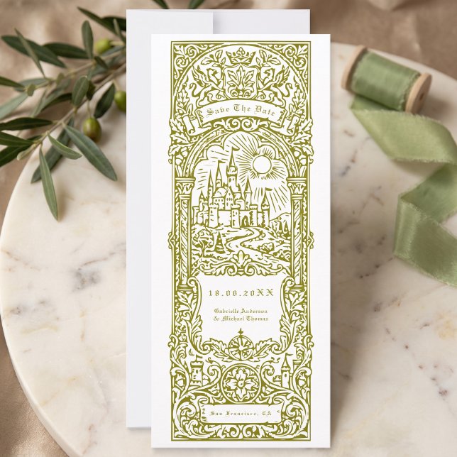 Invitation Marque-page de mariage vert médiéval, Save The Dat (Créateur téléchargé)