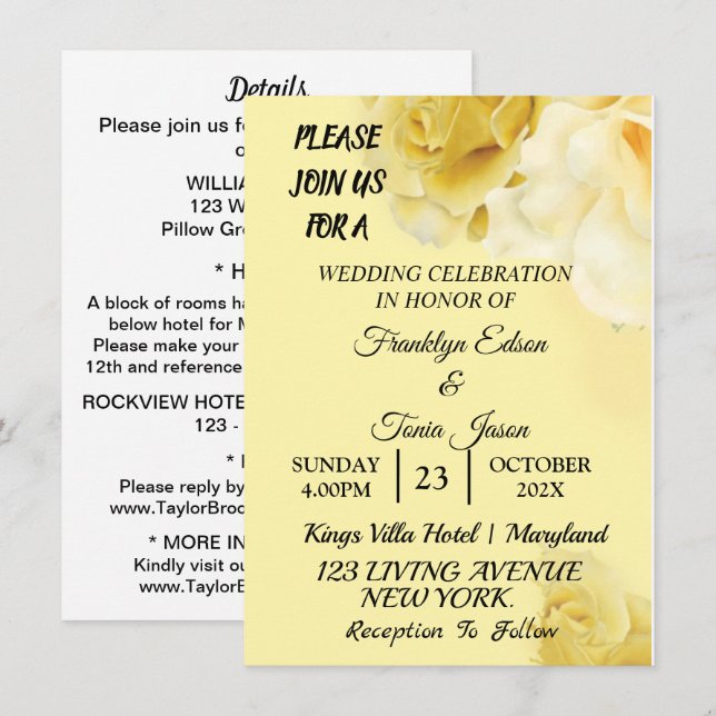Invitation Marques à skis | Romantique Jaune Mariage Botaniqu (Devant / Derrière)