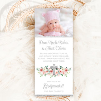 Invitation Marraine Fille Rose Argent Aquarelle Croix