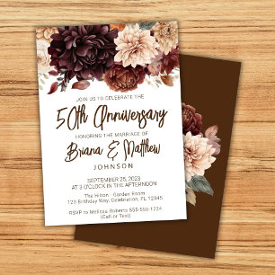 Invitation Marron Beige Floral 50e Anniversaire de Mariage
