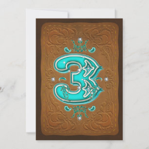 Invitation Marron rustique occidental et turquoise TROIS 3 3è