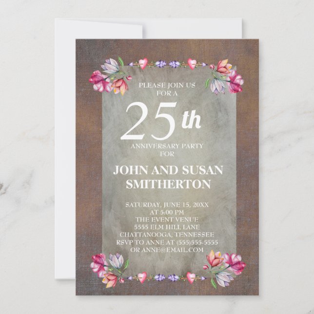 Invitation Marron rustique rose violet floral 25e anniversair (Devant)