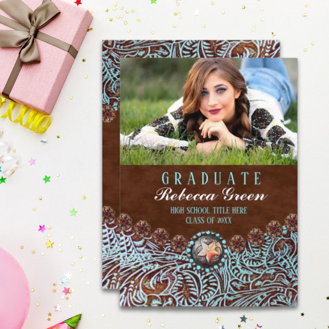 Invitation marron turquoise fête de graduation de l'ouest (turquoise brown leather western graduation party invitation)