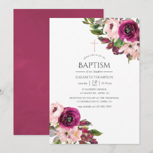 Invitation Marsala aquarelle et baptême floral rose