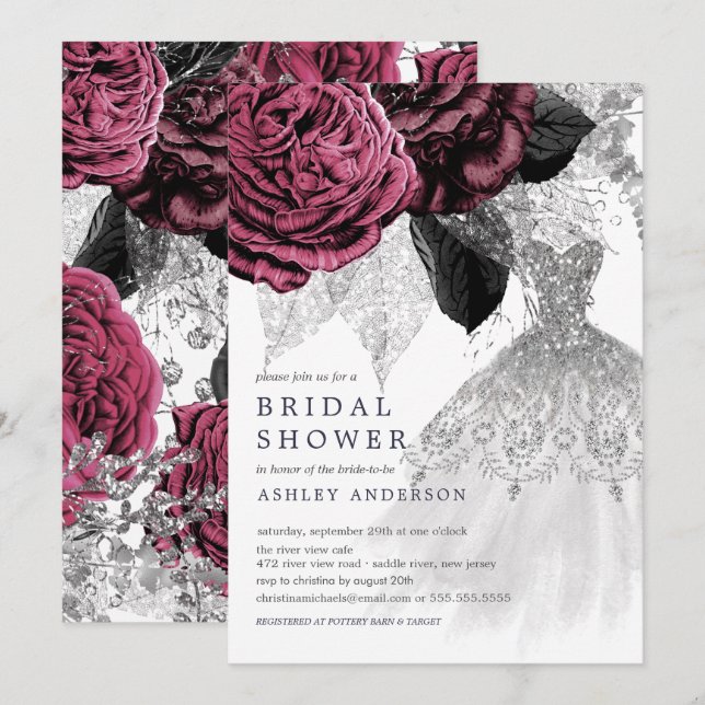 Invitation Marsala Argent Floral Mariage robe Fête des mariée (Devant / Derrière)