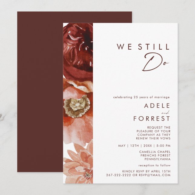Invitation Marsala Autumn Floral | Blanc Nous Renouvelons Enc (Devant / Derrière)