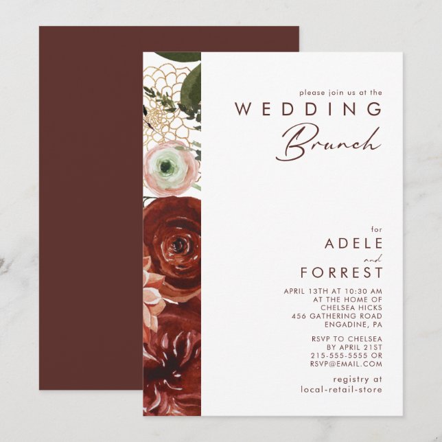 Invitation Marsala Autumn Floral | Brunch Mariage blanc (Devant / Derrière)