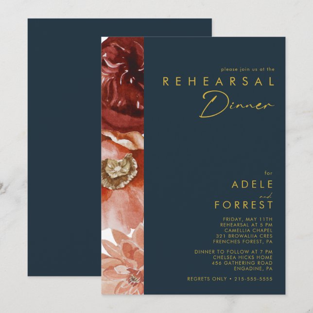 Invitation Marsala Autumn Floral | Dîner de répétition de la  (Devant / Derrière)