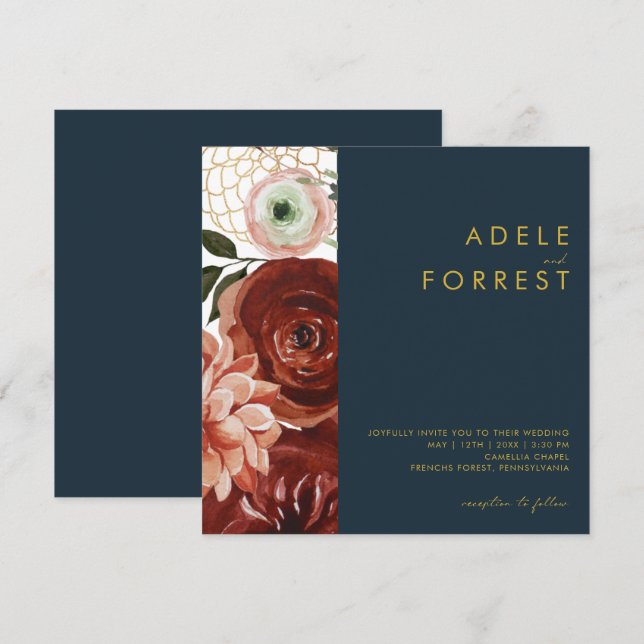 Invitation Marsala Autumn Floral | Mariage Carré de marine (Devant / Derrière)