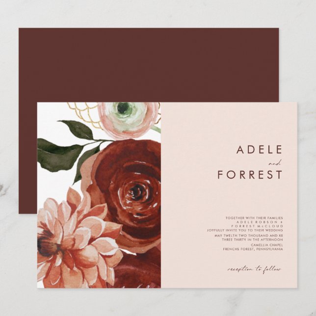 Invitation Marsala Autumn Floral | Mariage horizontal vierge  (Devant / Derrière)