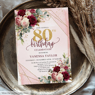 Invitation Marsala Blush Gold Flowers élégant 80e anniversair