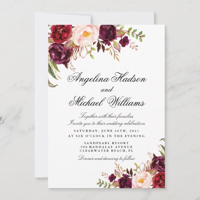 Invitation Marsala bordeaux floral (Devant)