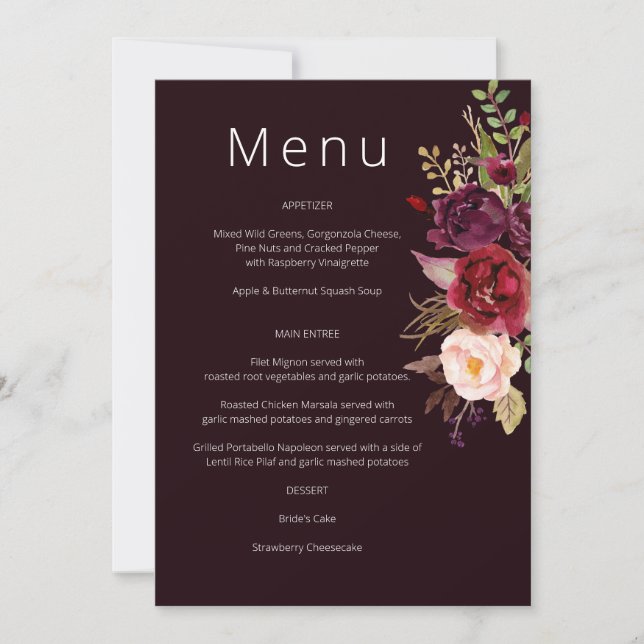 Invitation Marsala bordeaux foncé et menu floral (Devant)