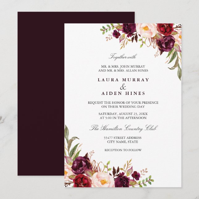 Invitation Marsala Bourgogne Aquarelle Mariage Floral (Devant / Derrière)