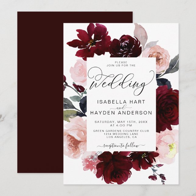 Invitation Marsala Bourgogne Blush Mariage floral rose roux (Devant / Derrière)