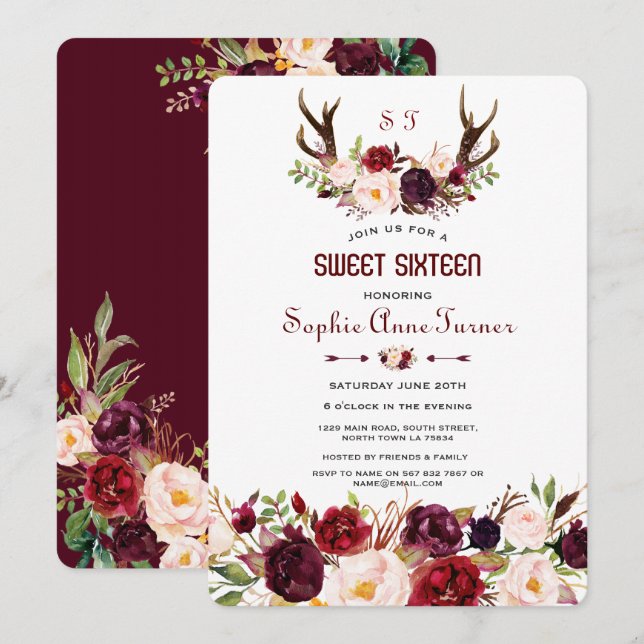 Invitation Marsala Bourgogne Floral Antlers Monogram Sweet 16 (Devant / Derrière)