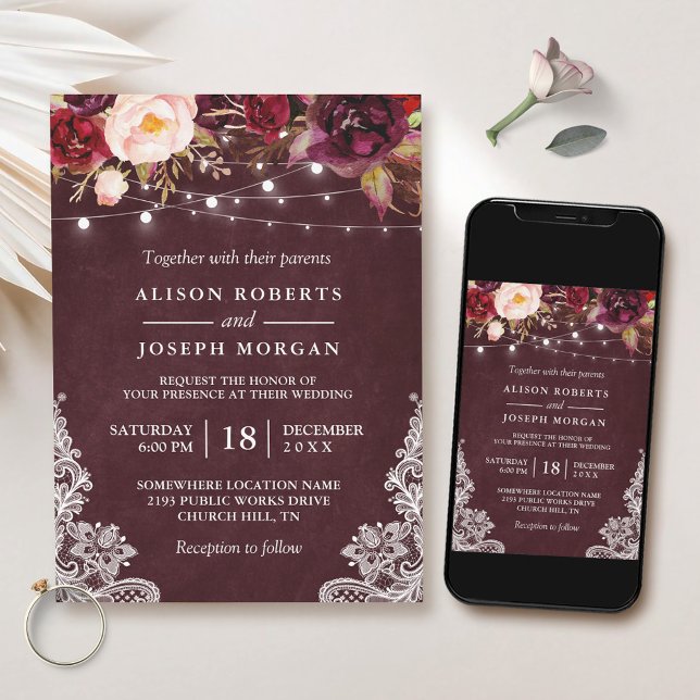 Invitation Marsala Bourgogne Floral Lace String Mariage (Embrace the beauty of this enchanting design to create cherished memories on your special day.)