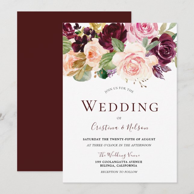 Invitation Marsala Bourgogne Mariage floral tropical (Devant / Derrière)