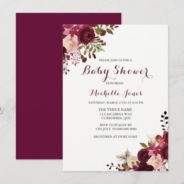 Invitation Marsala Bourgogne Rouge Baby shower de printemps F (Devant / Derrière)