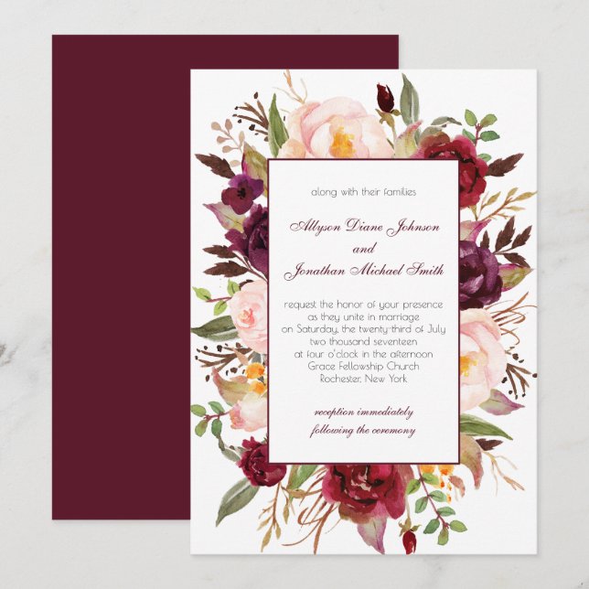 Invitation Marsala Bourgogne Rouge Blanc Roses Mariage Invita (Devant / Derrière)