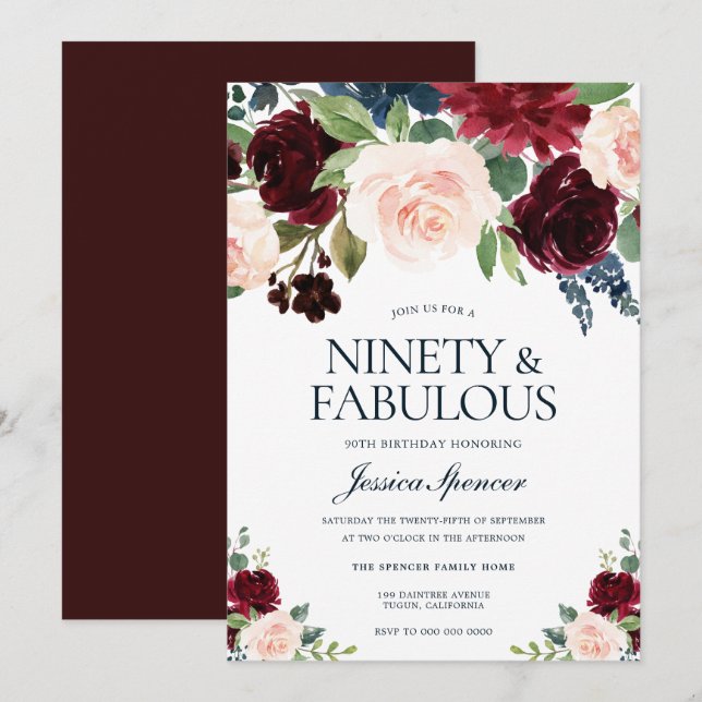 Invitation Marsala Bourgogne Rouge Blush Floral 90e anniversa (Devant / Derrière)