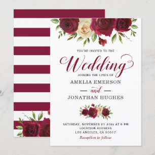 Invitation Marsala Bourgogne Rouge Floral Automne Mariage d'h