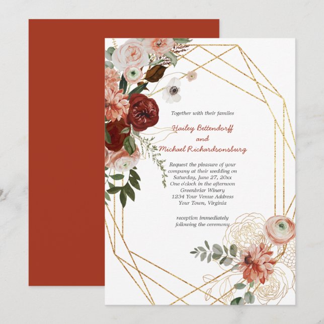 Invitation Marsala Bourgogne triple Mariage Floral (Devant / Derrière)