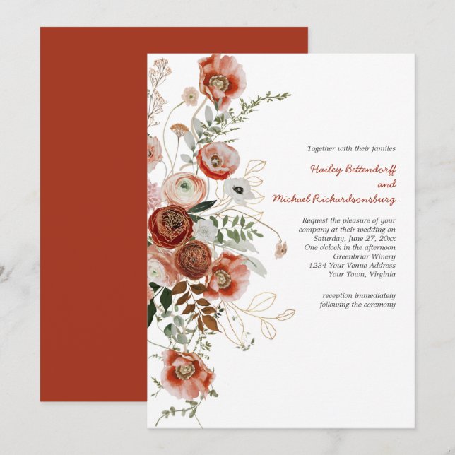Invitation Marsala Burgundy Blush Fall Floral Mariage Invitat (Devant / Derrière)