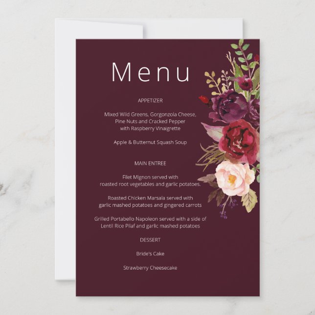 Invitation Marsala de Bourgogne et Blush Floral Menu Invitati (Devant)