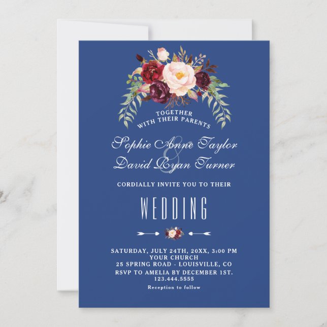 Invitation Marsala de Bourgogne Floral Navy Mariage bleu (Devant)