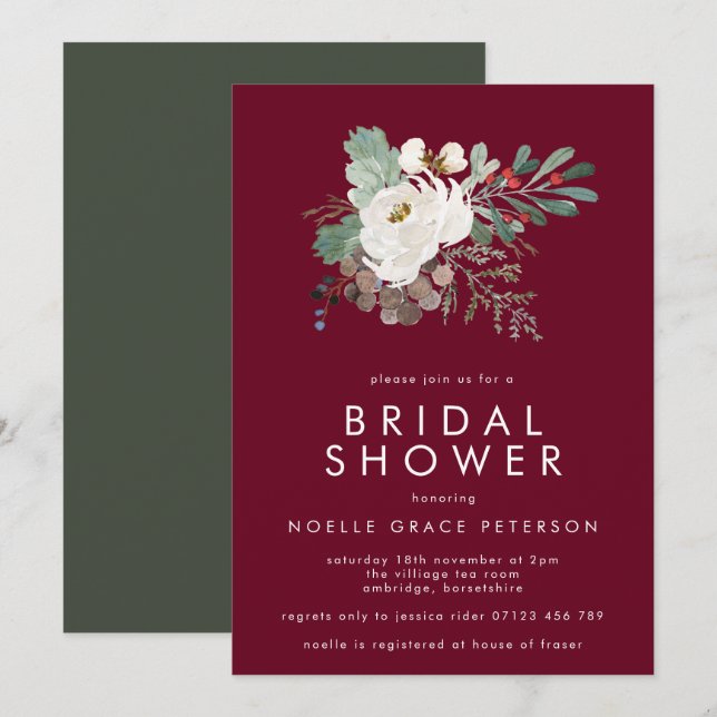 Invitation Marsala d'hiver Floral Bouquet Fête des mariées (Devant / Derrière)