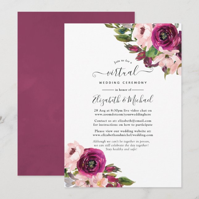 Invitation Marsala et Blush Floral Online Mariage virtuel (Devant / Derrière)